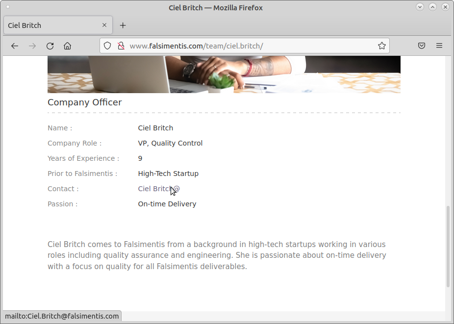 Falsimentis.com website screenshot for the Ciel Britch page featuring detailed Ciel Britch information including the email address Ciel.Britch@falsimentis.com