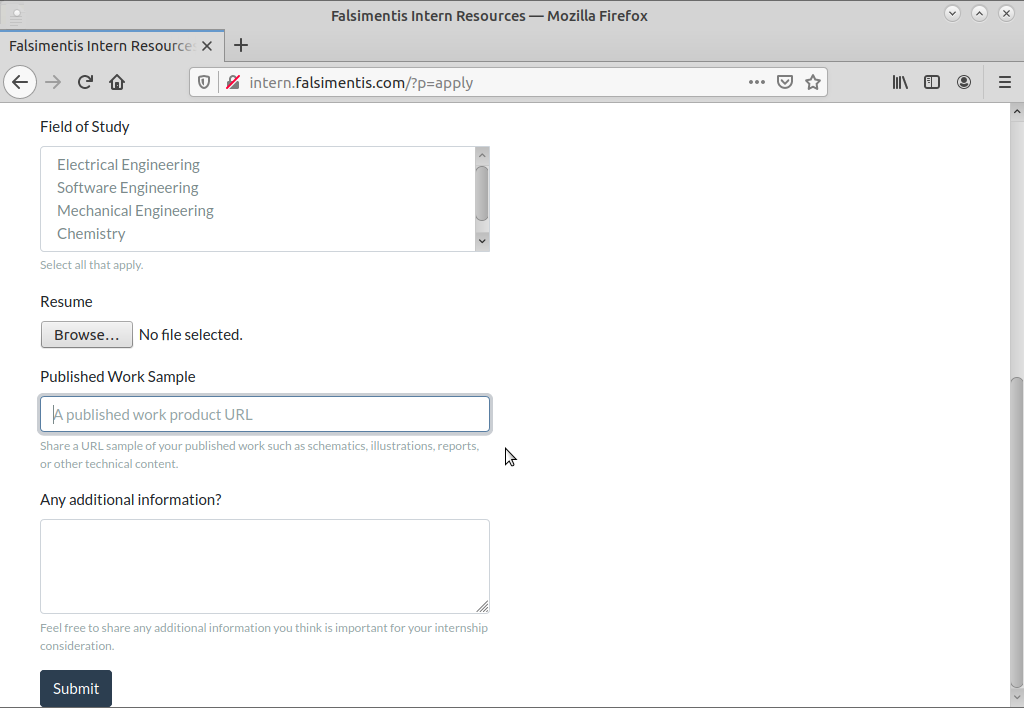 Screenshot of intern.falsimentis.com application form highlighting request for a URL to a published work sample