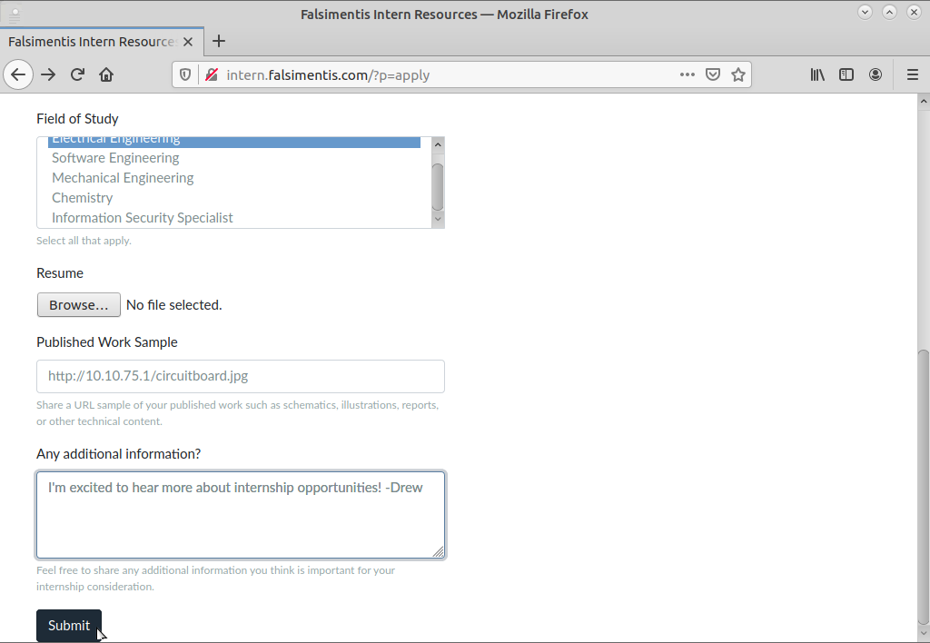 Falsimentis intern application form with populated fields including URL to circuitboard.jpg