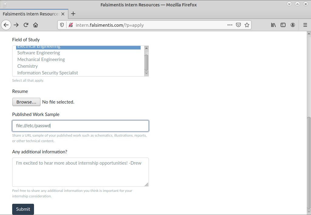 Falsimentis intern application form, file /etc/passwd URL prefix in Published Work Sample field