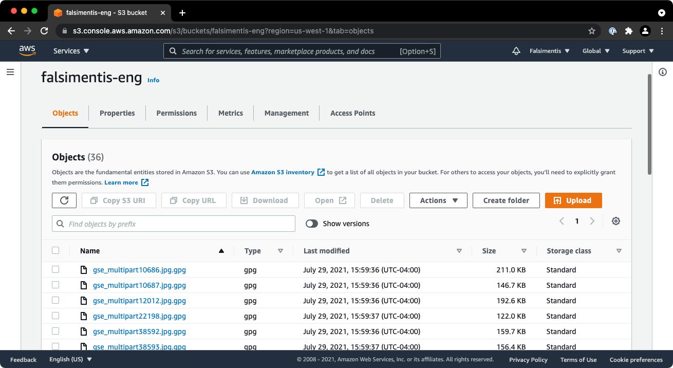 AWS S3 bucket file listing for falsimentis-eng showing several files with .jpg.gpg filename extensions