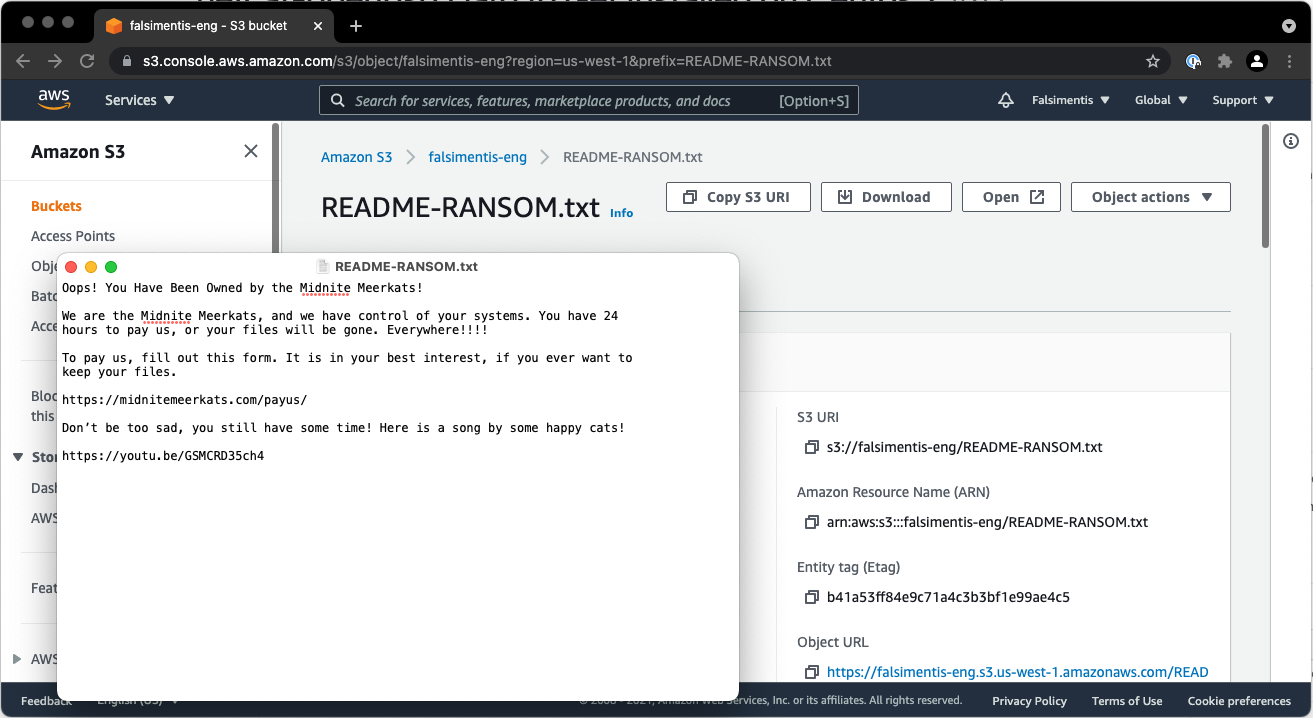 AWS S3 bucket file listing for falsimentis-eng showing a ransom note from the Midnite Meerkats