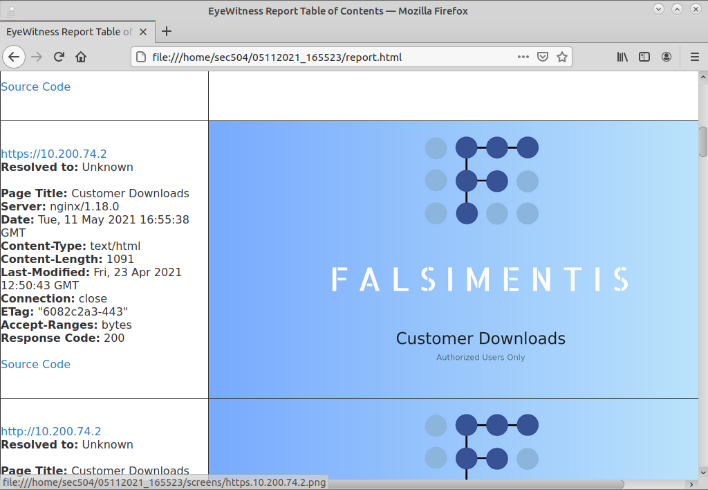 EyeWitness Report Showing downloads.falsimentis.com